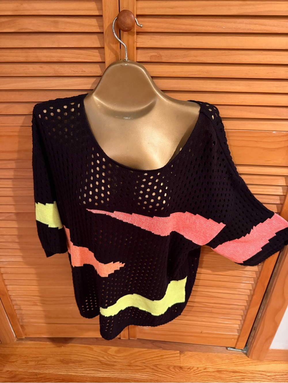 Black Open-Knit Women’s Top with Neon Pink & Lime Accents size XL